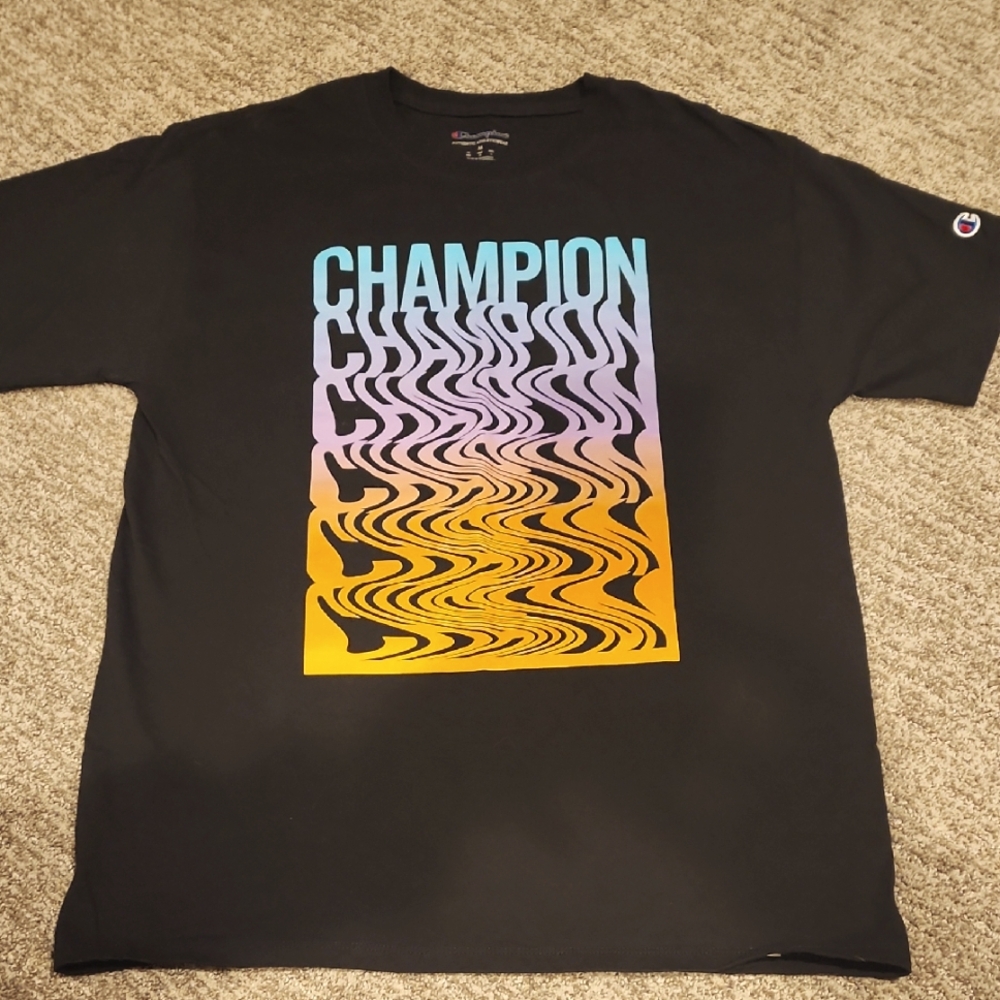 Champion Men's Black Graphic T-Shirt Size Medium PTP 20 In Length 27 Inches